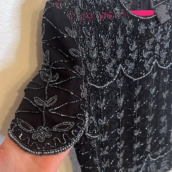 Cote D' Azur Evening Vintage Womens Beaded 100% Silk Sheer Blouse Large Black - Picture 3 of 10